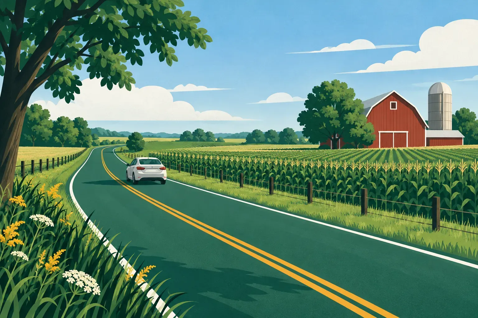 A country road through farmland with a red barn, a typical landscape of Indiana